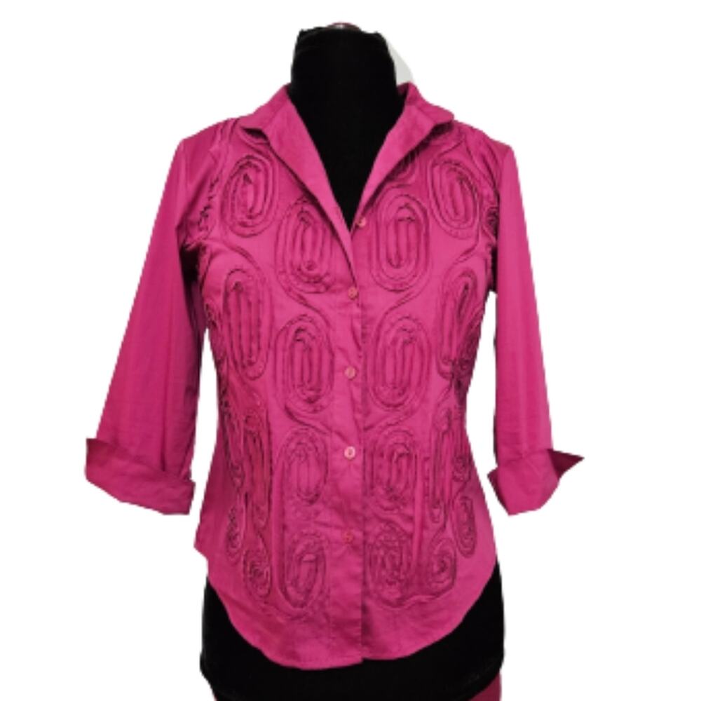 Vintage Travelsmith Purple Textured Button Front Cuffed Sleeve Top Medium‎